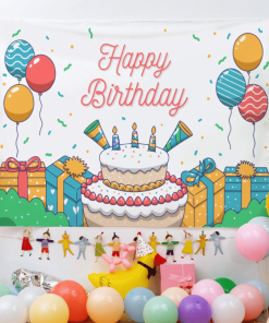 BACKGROUND VẢI IN CHỮ HAPP BIRTHDAY VÀ HỌA TIẾT