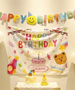 BACKGROUND VẢI IN CHỮ HAPP BIRTHDAY VÀ HỌA TIẾT
