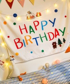 BACKGROUND VẢI IN CHỮ HAPP BIRTHDAY VÀ HỌA TIẾT